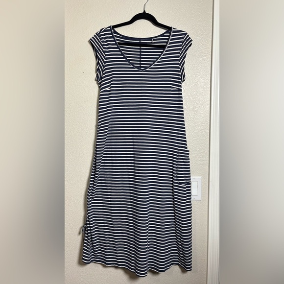Toad&Co Organic Cotton Samba Muse Navy/White Striped Dress w Side Cinch, Pocket - Picture 8 of 13